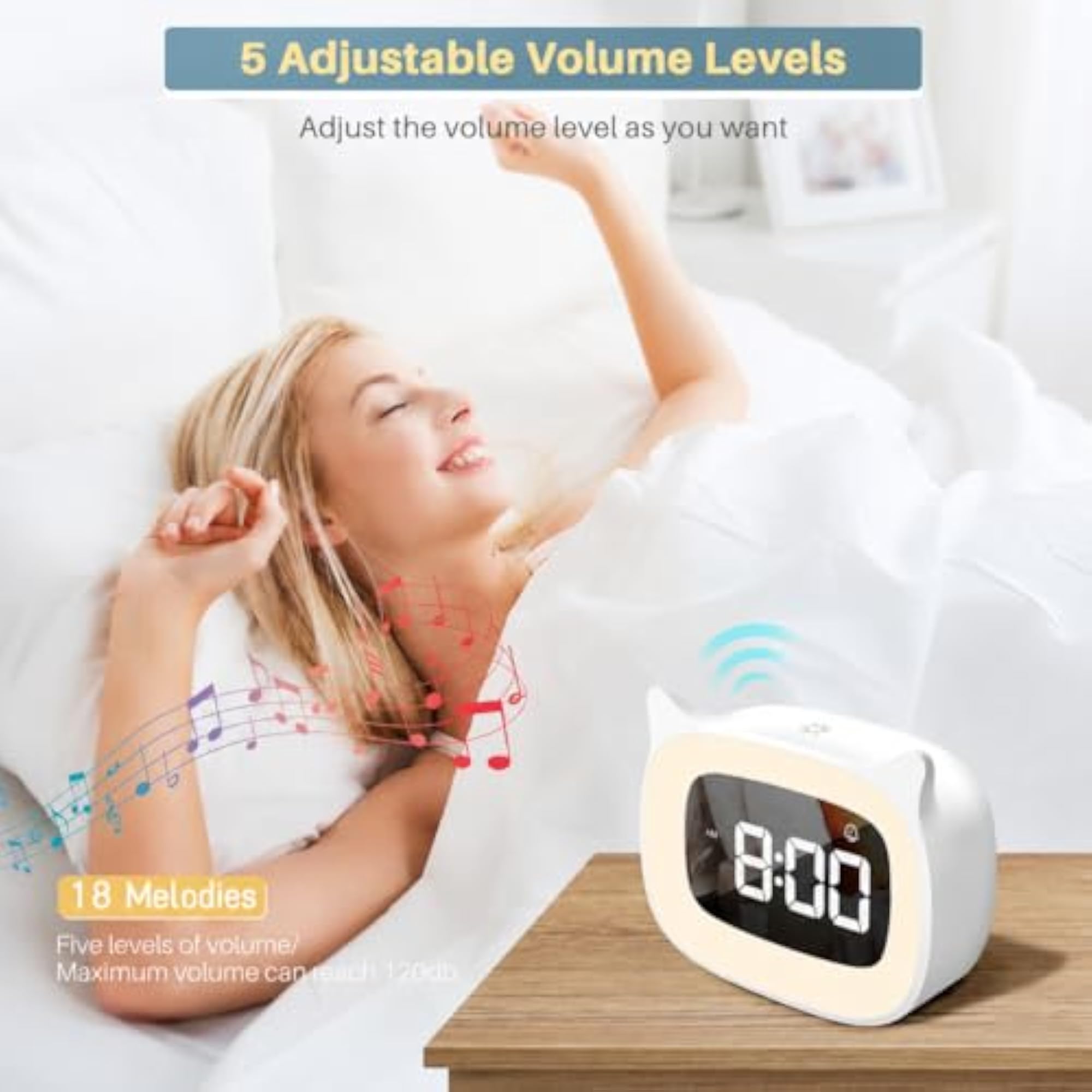 Kids Alarm Clock with Night Light, Cute Cat Ear Digital Clock